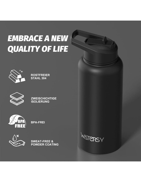 Botella de Agua Aislada 32oz WATERSY Acero Inoxidable Negro Botella de Agua Aislada 32oz WATERSY Acero Inoxidable Negro
