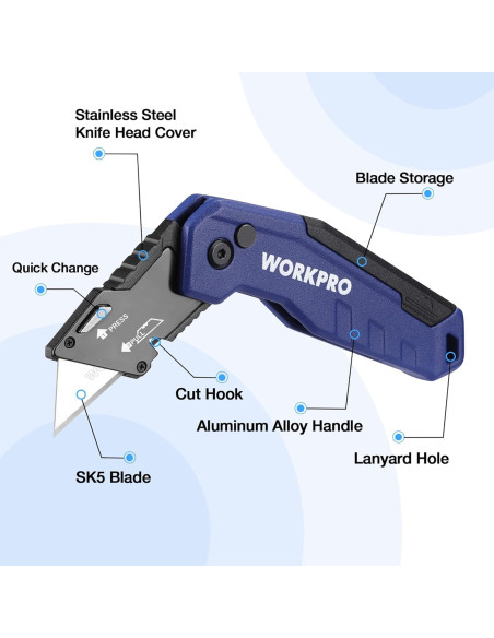 Cuchillo Utility Plegable WORKPRO Azul con 13 Cuchillas SK5