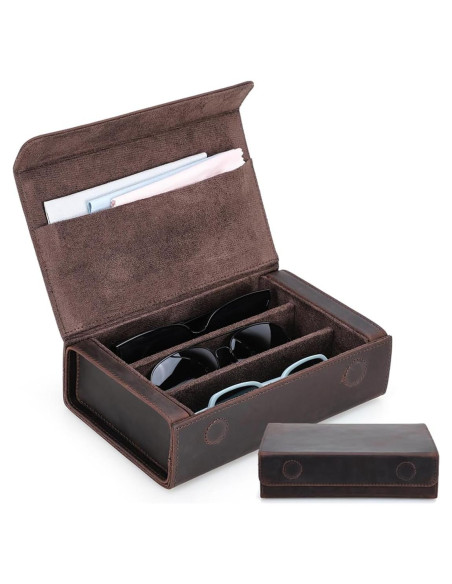 Estuche de Gafas de Sol de Cuero Genuino Café 3 Ranuras
