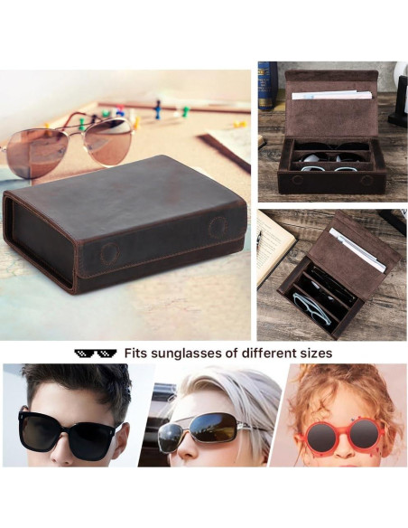 Estuche de Gafas de Sol de Cuero Genuino Café 3 Ranuras