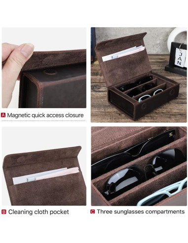Estuche de Gafas de Sol de Cuero Genuino Café 3 Ranuras