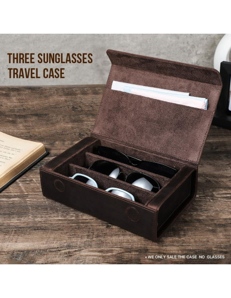 Estuche de Gafas de Sol de Cuero Genuino Café 3 Ranuras