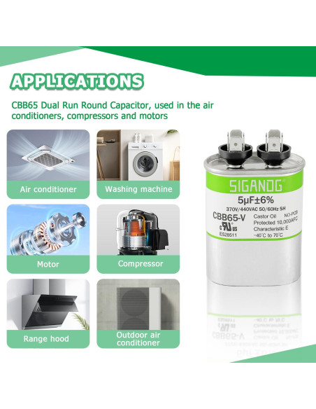 Capacitor CBB65 5uF 370V/440V SIGANDG para Aire Acondicionado