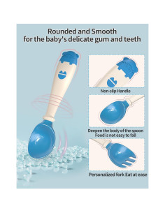 Set de Cubiertos para Bebés Deejoy - Cuchara y Tenedor Ergonómico Azul 2