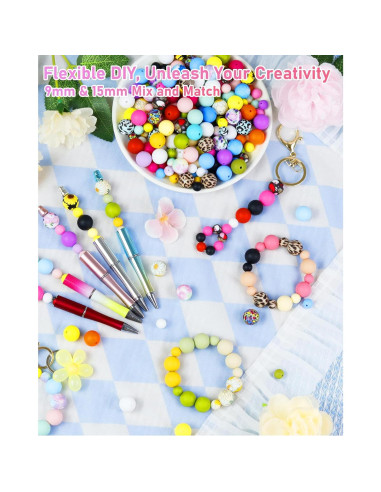 100 Perlas de Silicona FIVEIZERO 9mm y 15mm Azul Cian Blanco