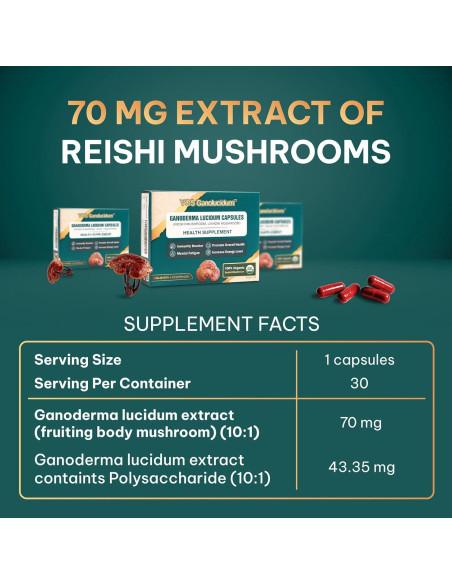 Cápsulas de Hongo Reishi Rojo Ganoderma lucidum 70mg 30 Unidades