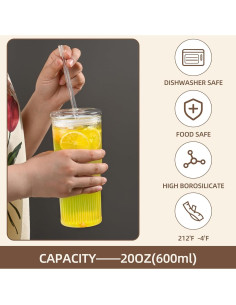 Vaso de Vidrio Reutilizable MINGHYZYA 20 oz con Tapa y Pajita 2