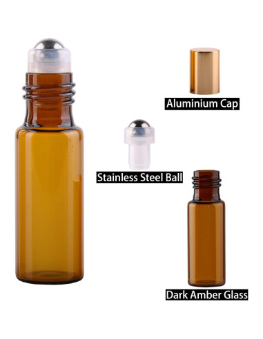 MaxMau 24 Botellas de Vidrio Ámbar 5ml con Rodillo Acero Inoxidable