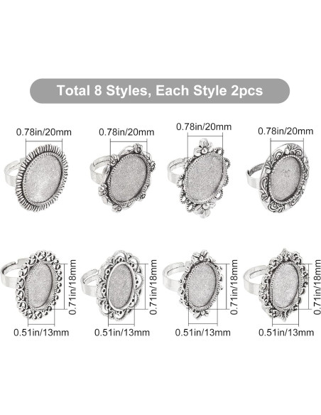 16 Piezas Anillos en Blanco Ajustables SUNNYCLUE Plata Antigua