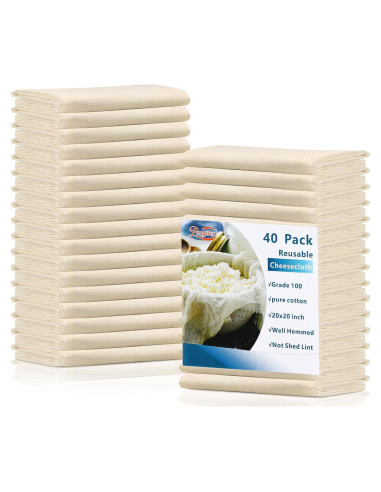 Tela de Queso Reutilizable Peryiter 40 Pcs Algodón 50.8x50.8 cm