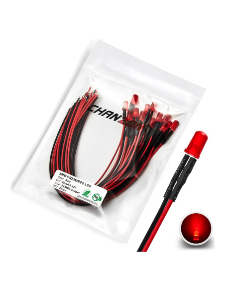Luces LED Diodo Rojo 5mm CHANZON 20 pcs Pre-Cableadas 12V