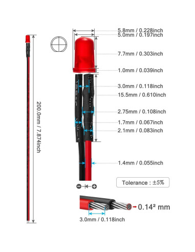 Luces LED Diodo Rojo 5mm CHANZON 20 pcs Pre-Cableadas 12V