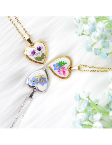 Collar Medallón Corazón Plata con Flores Prensadas - Regalo Mujer