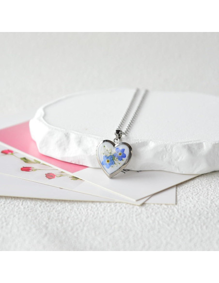 Collar Medallón Corazón Plata con Flores Prensadas - Regalo Mujer