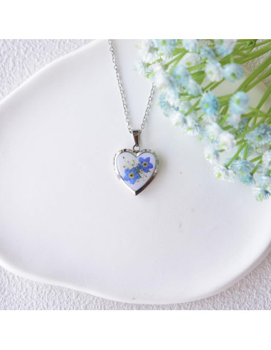 Collar Medallón Corazón Plata con Flores Prensadas - Regalo Mujer