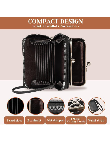 Cartera de Muñeca Huikeya Negra con Monedero y 9 Ranuras