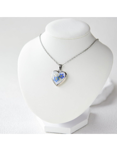 Collar Medallón Corazón Plata con Flores Prensadas - Regalo Mujer