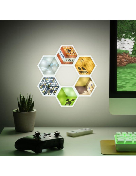 Luz Hexagonal LED Paladone Minecraft - 6 Piezas, Control Remoto Luz Hexagonal LED Paladone Minecraft - 6 Piezas, Control Remoto