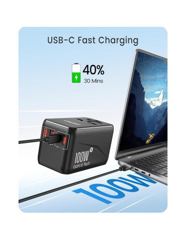 Adaptador de Viaje Universal LENCENT 100W Carga Rápida USB-C