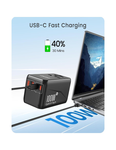 Adaptador de Viaje Universal LENCENT 100W Carga Rápida USB-C