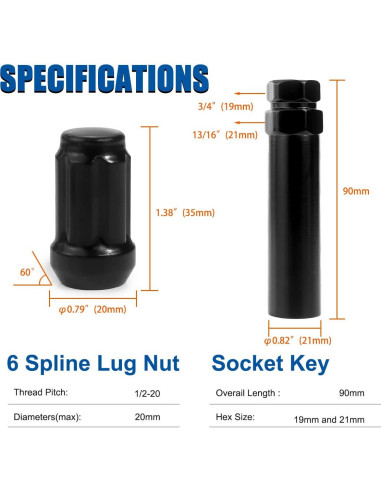 Tuercas de Llantas GAsupply Negras 1/2-20 35mm 6 Puntas Tuner