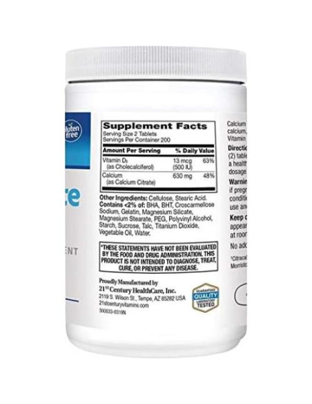Tabletas de Citrato de Calcio Plus D3 21st Century 400 Unidades