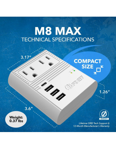 Adaptador de Enchufe de Viaje OREI M8 Max 3 USB 18W USB-C