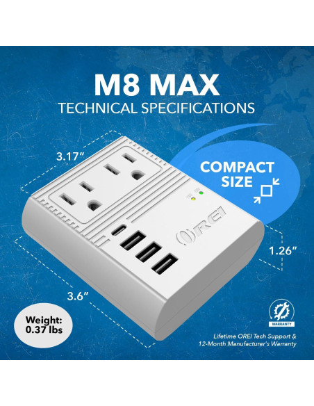 Adaptador de Enchufe de Viaje OREI M8 Max 3 USB 18W USB-C