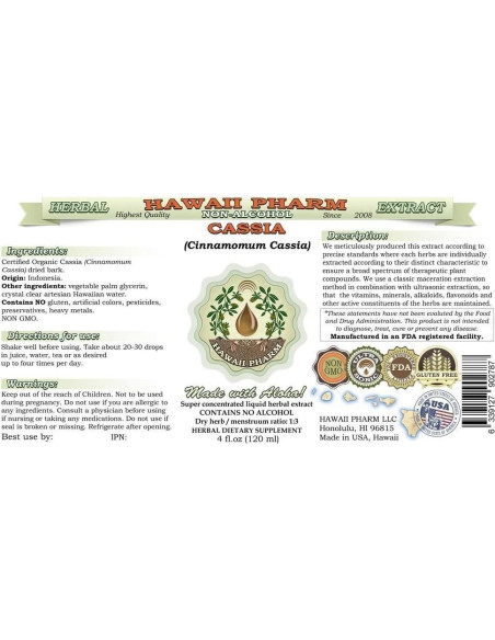 Extracto Líquido de Cassia Orgánica Sin Alcohol 59 ml Hawaii Pharm
