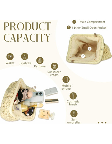 Bolso de mano de paja FUKEFUKEUS beige 26x20x6 cm verano