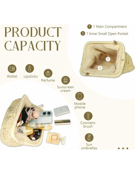 Bolso de mano de paja FUKEFUKEUS beige 26x20x6 cm verano