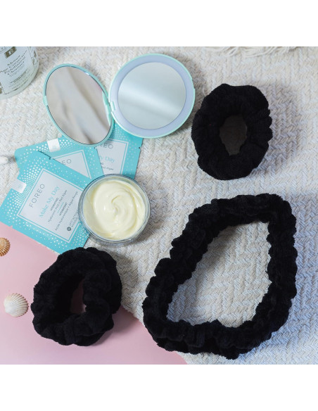 Diadema Puffy Spa FROG SAC + Muñequera Negra para Cuidado Facial