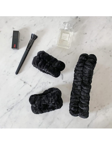 Diadema Puffy Spa FROG SAC + Muñequera Negra para Cuidado Facial