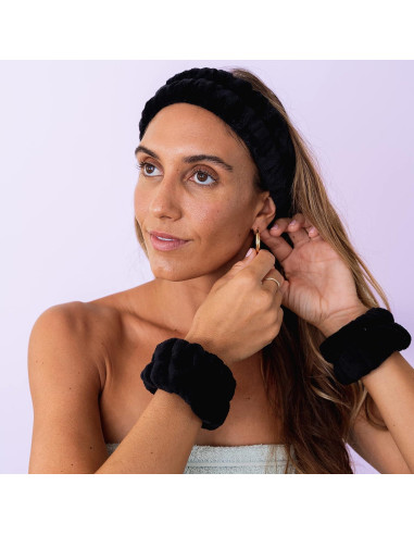 Diadema Puffy Spa FROG SAC + Muñequera Negra para Cuidado Facial