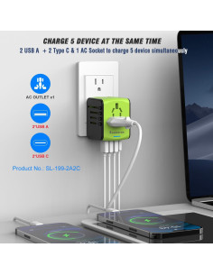 Adaptador de Viaje Universal SAUNORCH 5 en 1 2xUSB-C 2xUSB-A 2