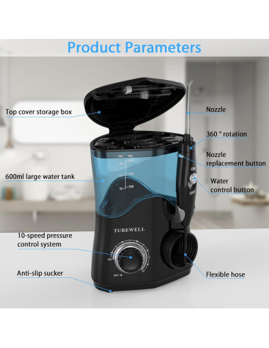 Irrigador Dental TUREWELL 600ML 8 Puntas 10 Niveles Presión Negro