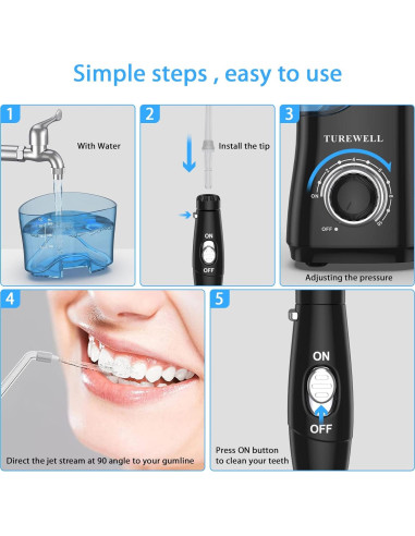 Irrigador Dental TUREWELL 600ML 8 Puntas 10 Niveles Presión Negro