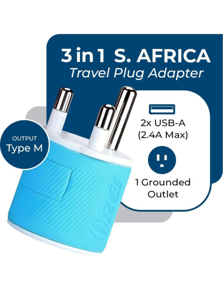 Adaptador de Enchufe de Viaje OREI Tipo M Sudáfrica USB Doble