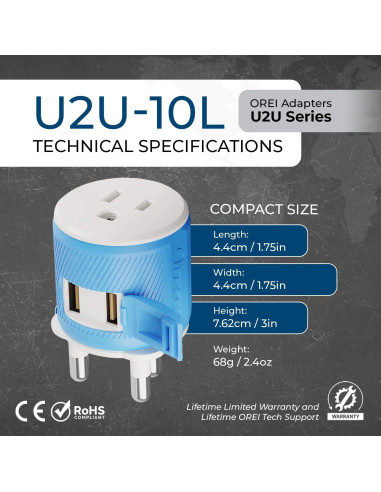 Adaptador de Enchufe de Viaje OREI Tipo M Sudáfrica USB Doble