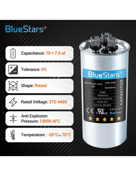 Capacitor Redondo Doble Función 70+7.5 MFD BlueStars - Paquete de 2