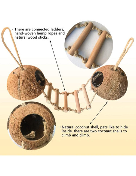 Escondite de Coco Natural BLSMU con Escalera para Hámster y Aves