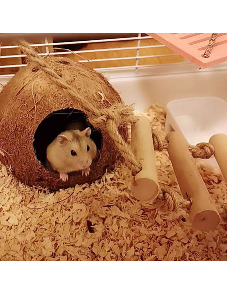 Escondite de Coco Natural BLSMU con Escalera para Hámster y Aves