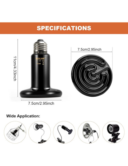 MIXJOY Lámpara de Calor Cerámica 100W para Reptiles E26