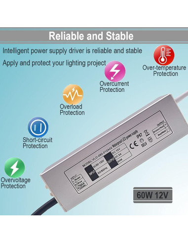 Adaptador Transformador LED 60W NISICO DC12V IP67 Ultra Delgado