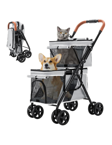 Carrito Doble para Mascotas LPOTIUS Gris Plegable 20 kg