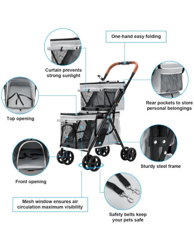 Carrito Doble para Mascotas LPOTIUS Gris Plegable 20 kg