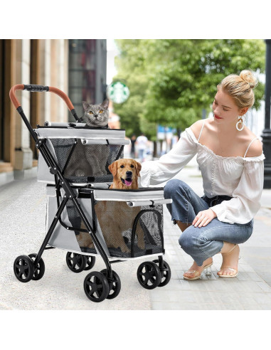 Carrito Doble para Mascotas LPOTIUS Gris Plegable 20 kg