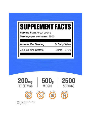 Polvo de Orotato de Zinc BulkSupplements 500g - Suplemento Inmunológico