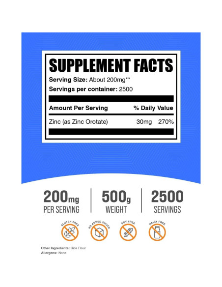 Polvo de Orotato de Zinc BulkSupplements 500g - Suplemento Inmunológico