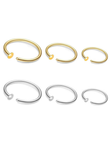 Set 6 Aros de Nariz Oro 22G Acero Quirúrgico 6mm 7mm 8mm